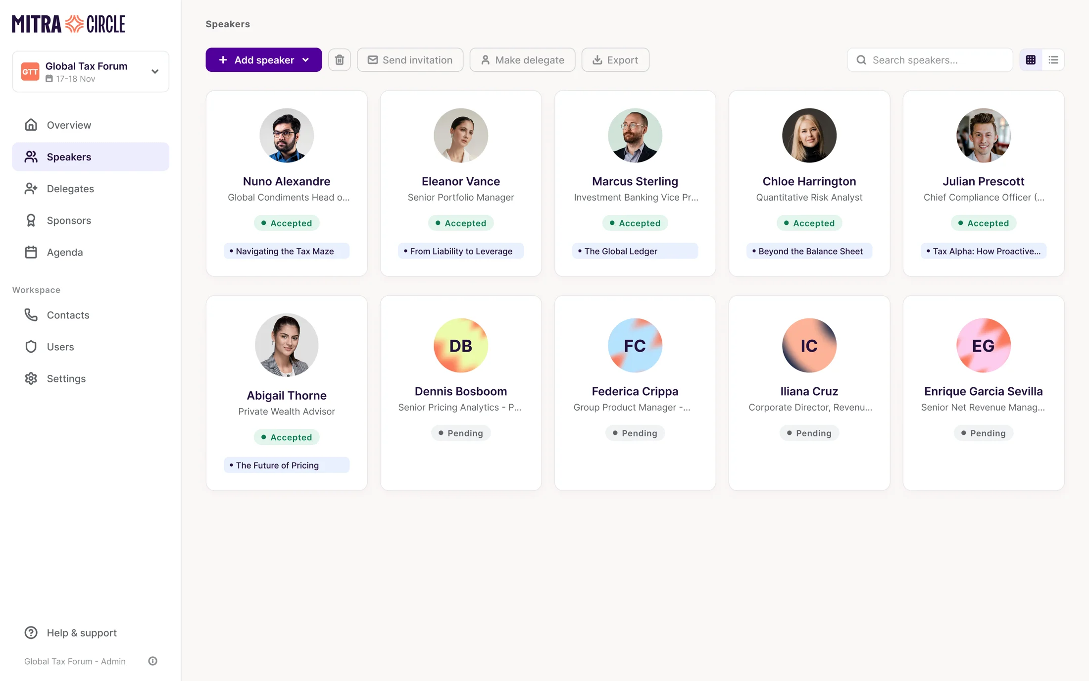The Mitra Circle speaker list, showing each speaker's invitation status and talk